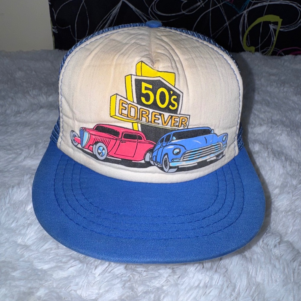 Just4You Trucker Hat Mens OSFA Blue Fair 50s Forever Hot Rod Mesh Snapback Cap